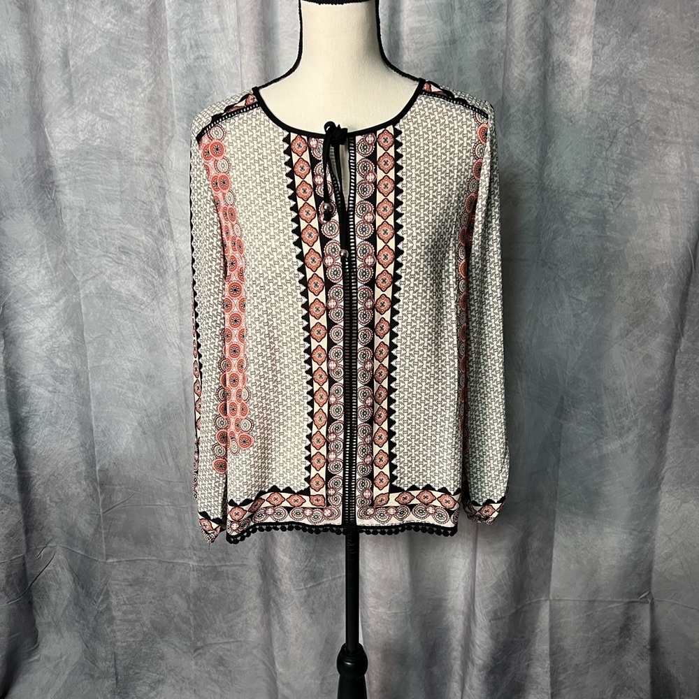 dressbarn Black and Red Relaxed Blouse with Tie Front